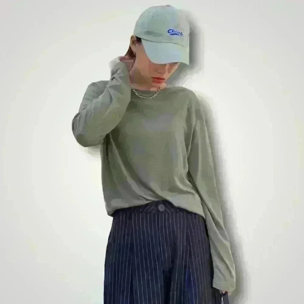 Solid Relaxed Round Neck Long Sleeve Tee - Picture 5 of 13